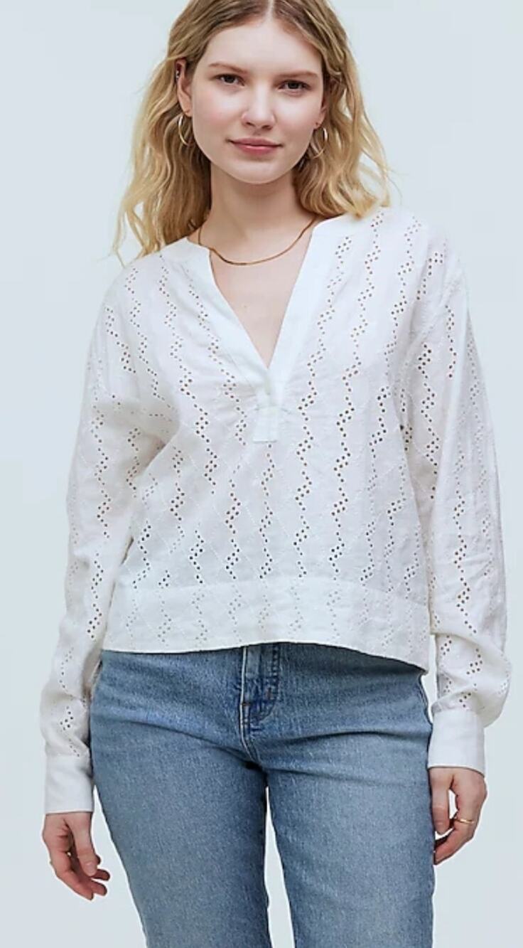 Madewell Long-Sleeve Popover Top in Eyelet Size M NWT